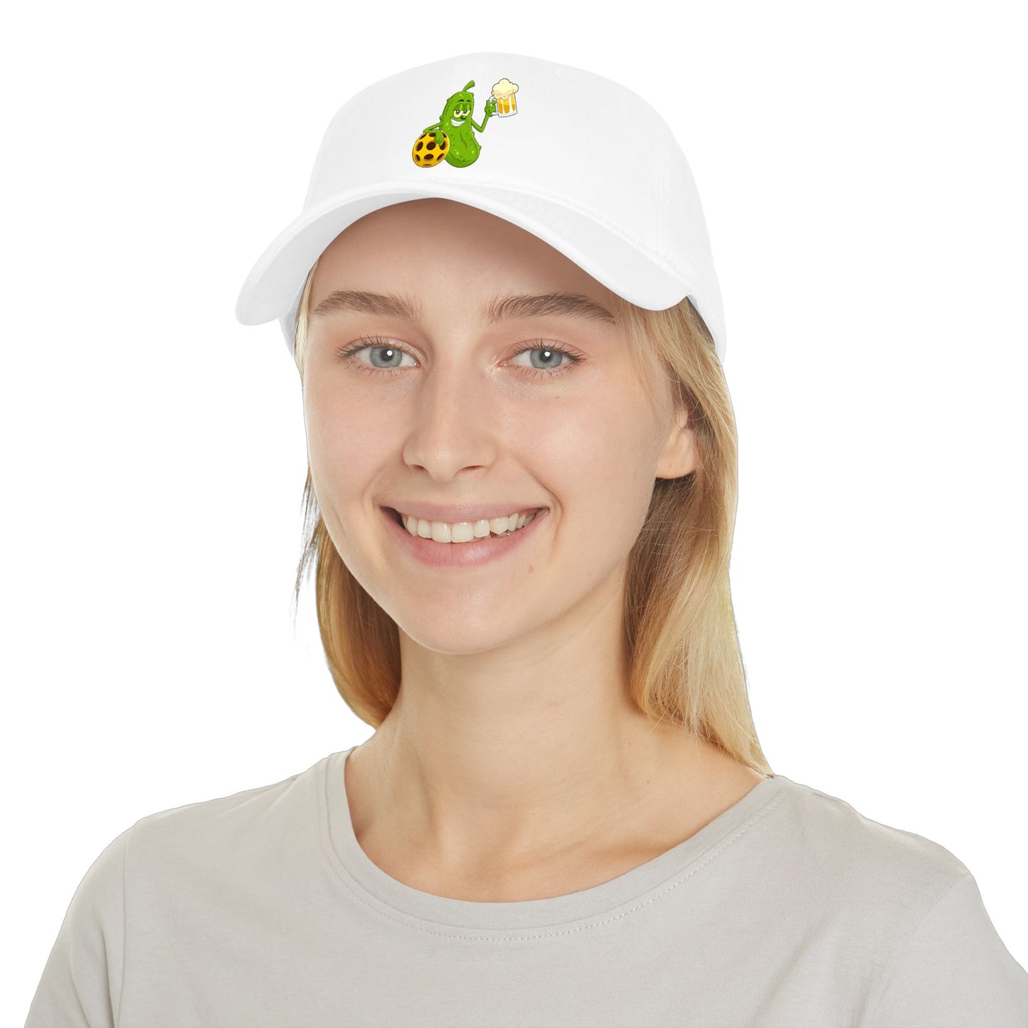 Pickle Mascot Baseball Cap — Funny Pickle Holding Beer & Soccer Ball Low Profile Hat