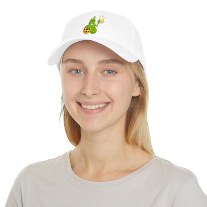 Pickle Mascot Baseball Cap — Funny Pickle Holding Beer & Soccer Ball Low Profile Hat