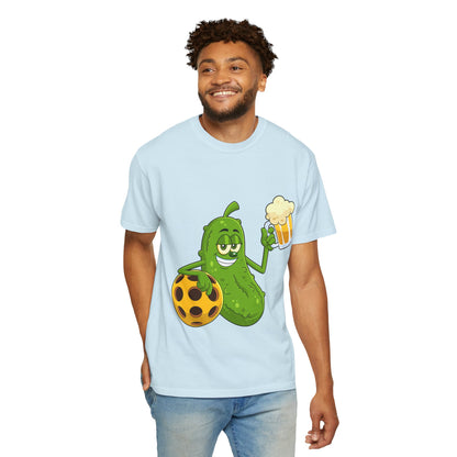 Pickle Holding Beer & Wiffle Ball T-Shirt — Funny Sports Novelty Tee