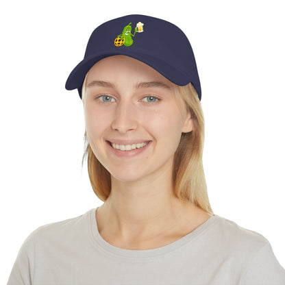 Pickle Mascot Baseball Cap — Funny Pickle Holding Beer & Soccer Ball Low Profile Hat
