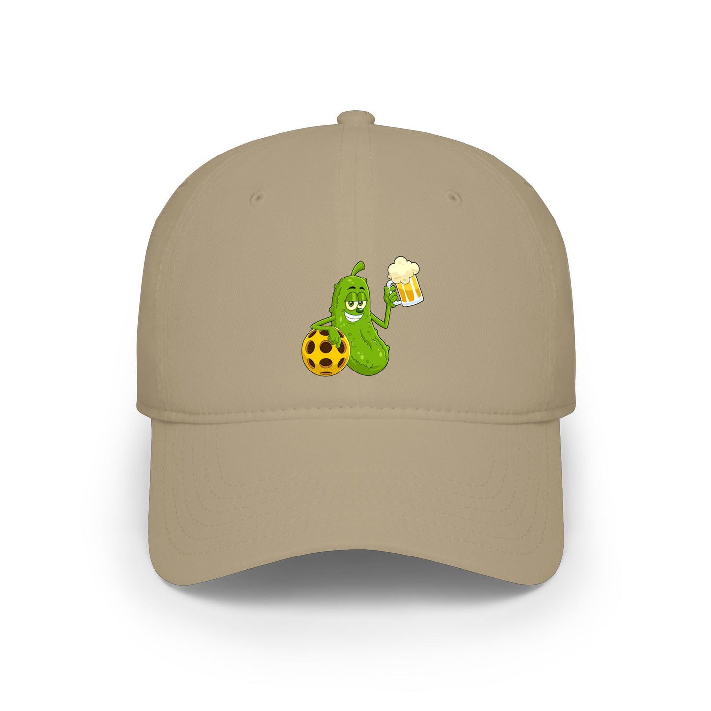 Pickle Mascot Baseball Cap — Funny Pickle Holding Beer & Soccer Ball Low Profile Hat