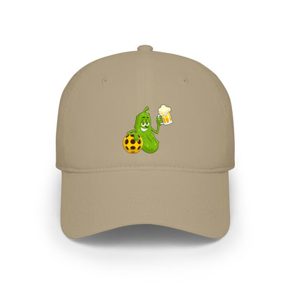 Pickle Mascot Baseball Cap — Funny Pickle Holding Beer & Soccer Ball Low Profile Hat