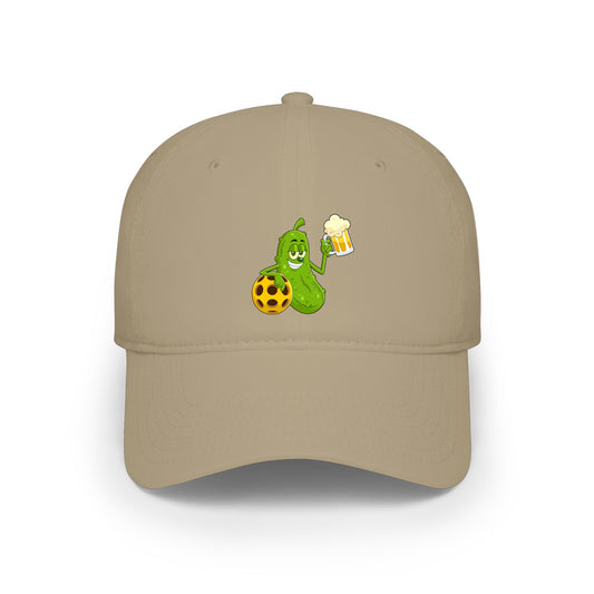 Pickle Mascot Baseball Cap — Funny Pickle Holding Beer & Soccer Ball Low Profile Hat