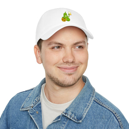 Pickle Mascot Baseball Cap — Funny Pickle Holding Beer & Soccer Ball Low Profile Hat