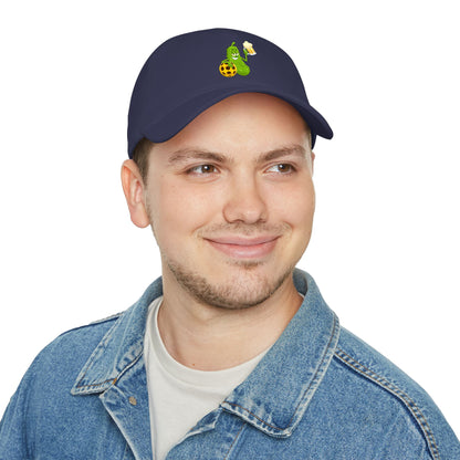 Pickle Mascot Baseball Cap — Funny Pickle Holding Beer & Soccer Ball Low Profile Hat