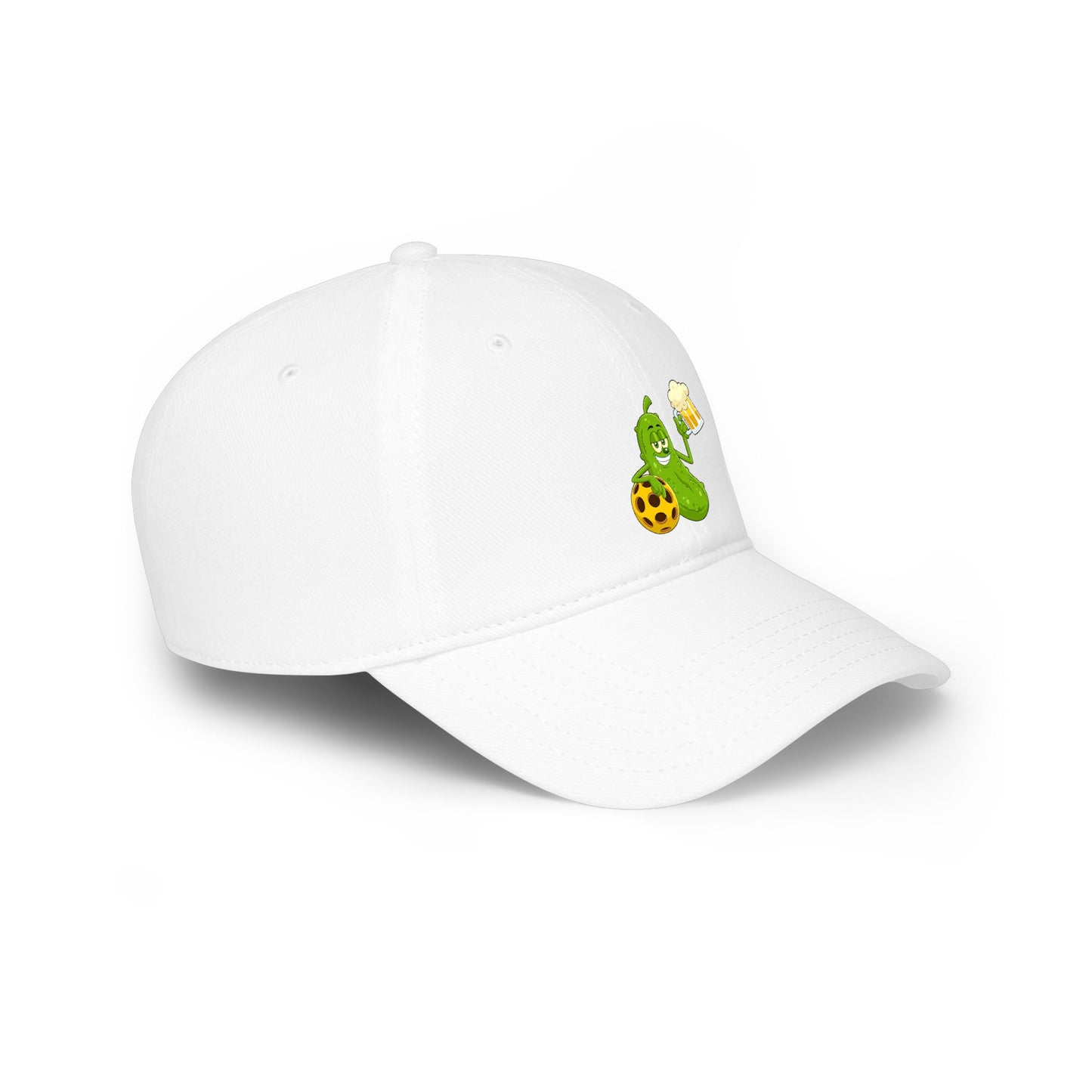 Pickle Mascot Baseball Cap — Funny Pickle Holding Beer & Soccer Ball Low Profile Hat