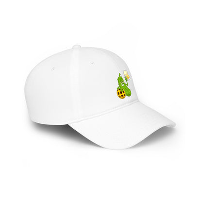 Pickle Mascot Baseball Cap — Funny Pickle Holding Beer & Soccer Ball Low Profile Hat