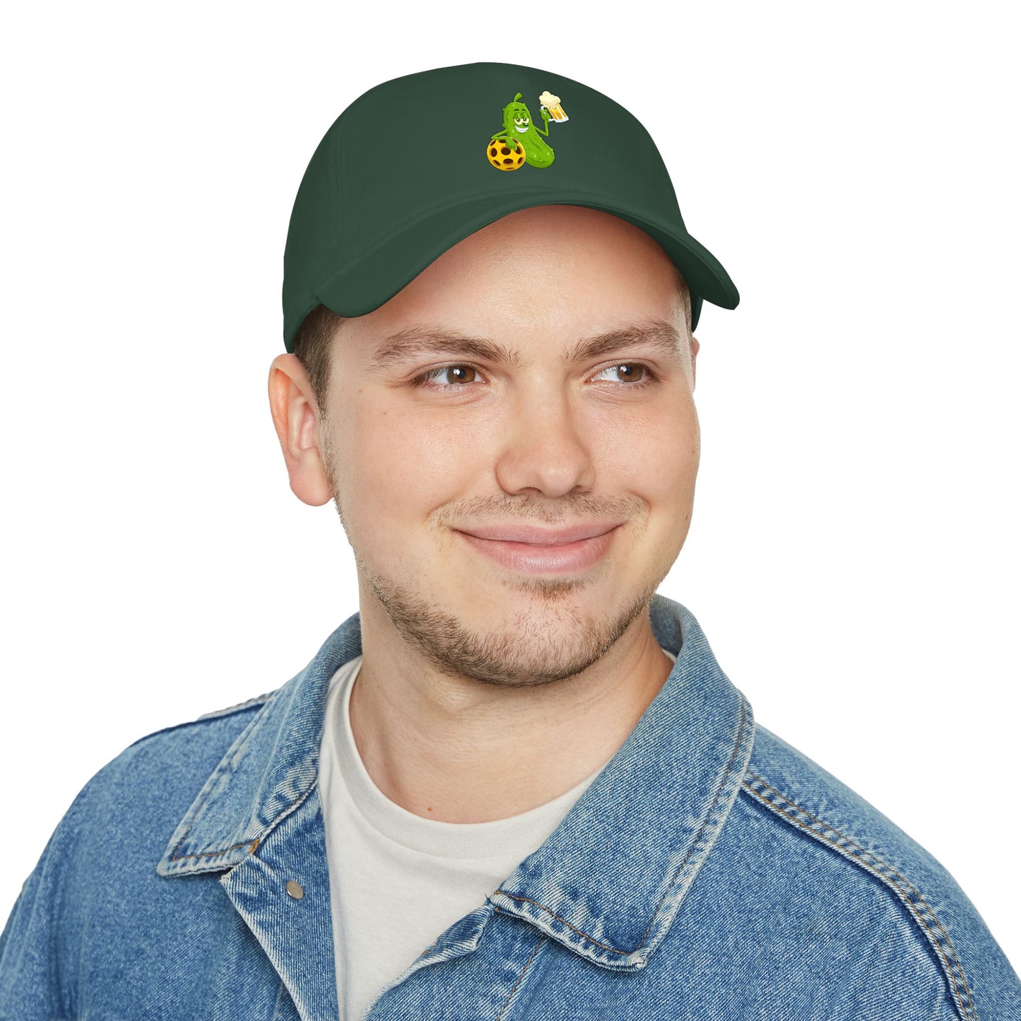 Pickle Mascot Baseball Cap — Funny Pickle Holding Beer & Soccer Ball Low Profile Hat
