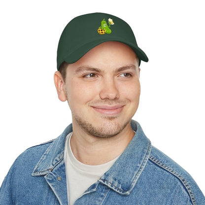 Pickle Mascot Baseball Cap — Funny Pickle Holding Beer & Soccer Ball Low Profile Hat