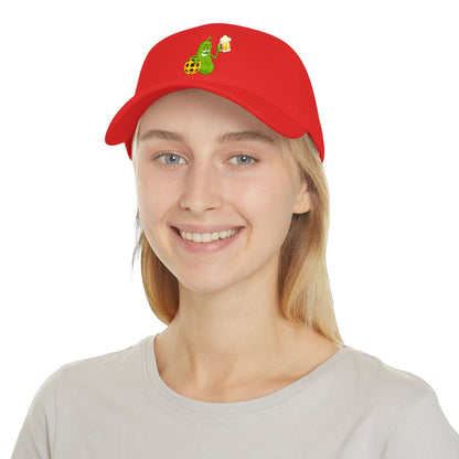 Pickle Mascot Baseball Cap — Funny Pickle Holding Beer & Soccer Ball Low Profile Hat