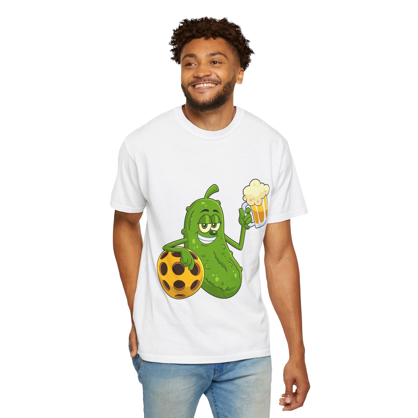 Pickle Holding Beer & Wiffle Ball T-Shirt — Funny Sports Novelty Tee