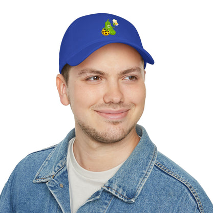 Pickle Mascot Baseball Cap — Funny Pickle Holding Beer & Soccer Ball Low Profile Hat
