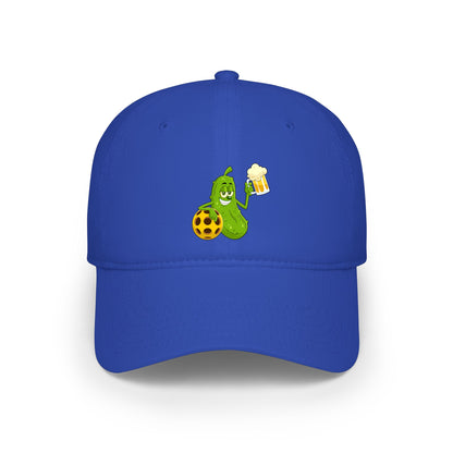 Pickle Mascot Baseball Cap — Funny Pickle Holding Beer & Soccer Ball Low Profile Hat