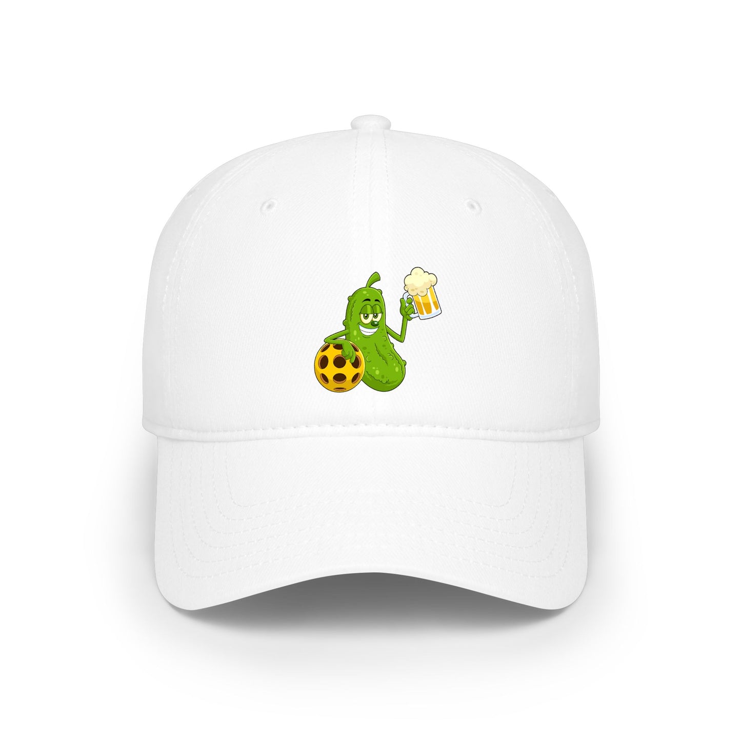 Pickle Mascot Baseball Cap — Funny Pickle Holding Beer & Soccer Ball Low Profile Hat