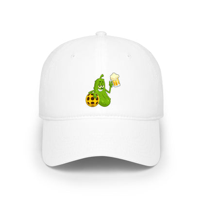 Pickle Mascot Baseball Cap — Funny Pickle Holding Beer & Soccer Ball Low Profile Hat