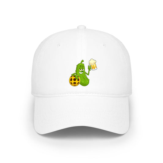 Pickle Mascot Baseball Cap — Funny Pickle Holding Beer & Soccer Ball Low Profile Hat