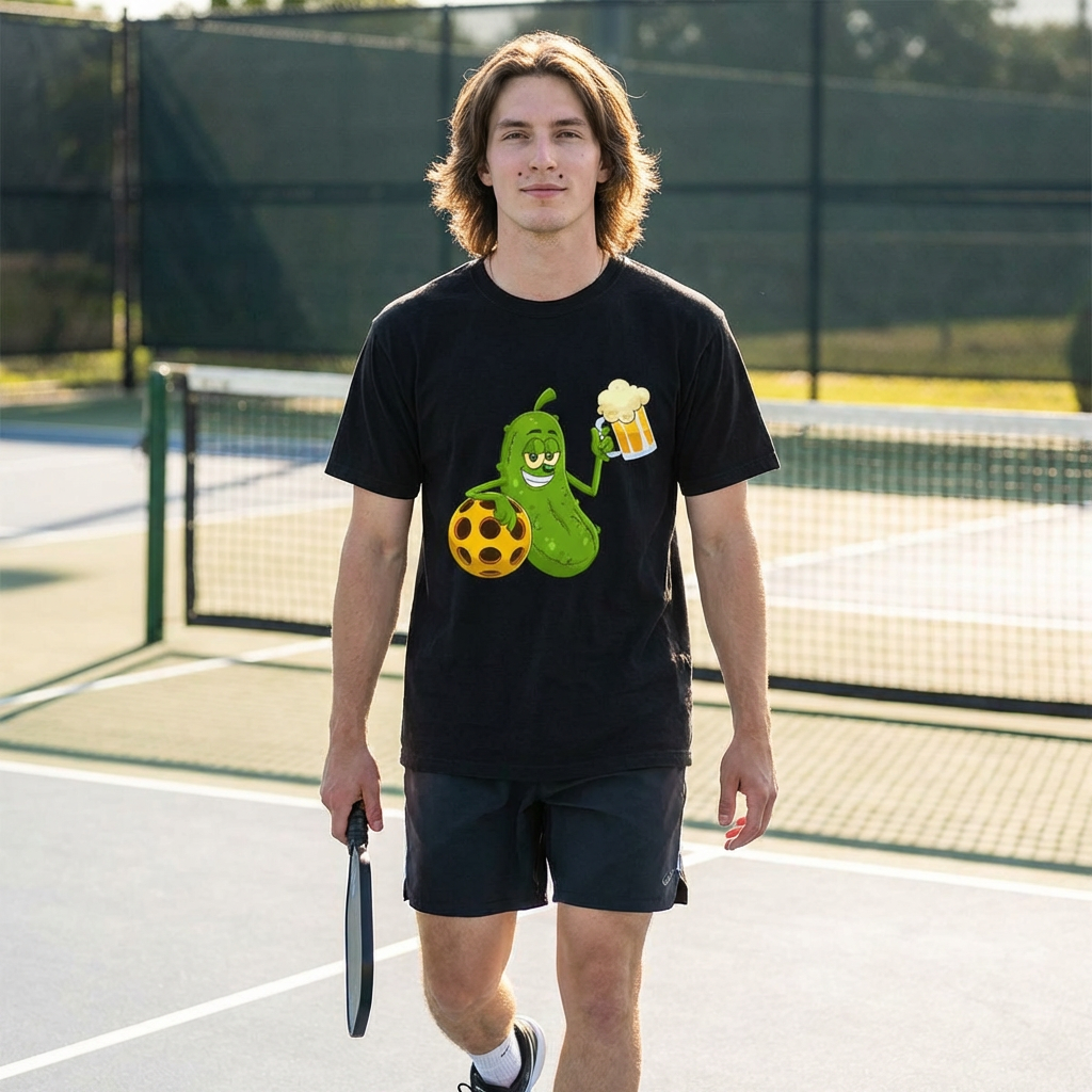 Pickle Holding Beer & Wiffle Ball T-Shirt — Funny Sports Novelty Tee