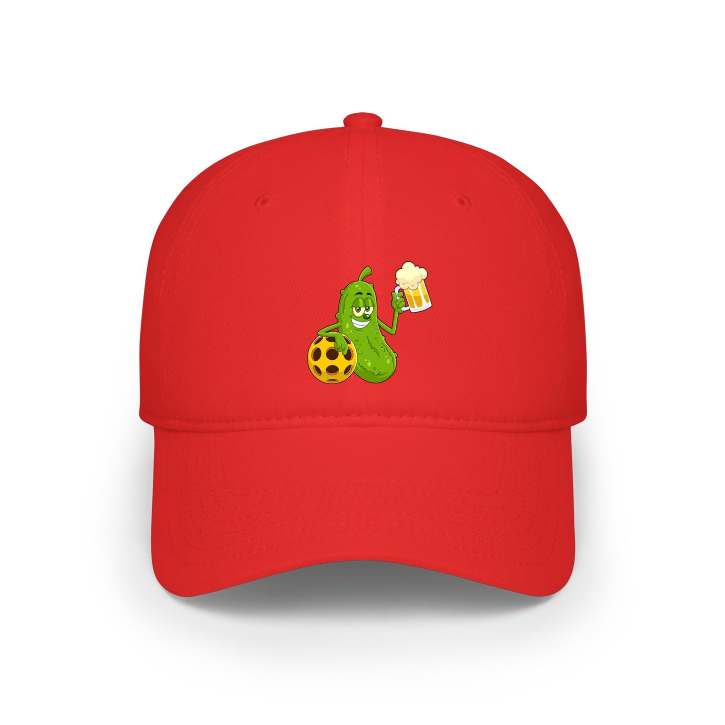 Pickle Mascot Baseball Cap — Funny Pickle Holding Beer & Soccer Ball Low Profile Hat
