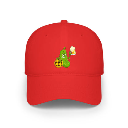 Pickle Mascot Baseball Cap — Funny Pickle Holding Beer & Soccer Ball Low Profile Hat