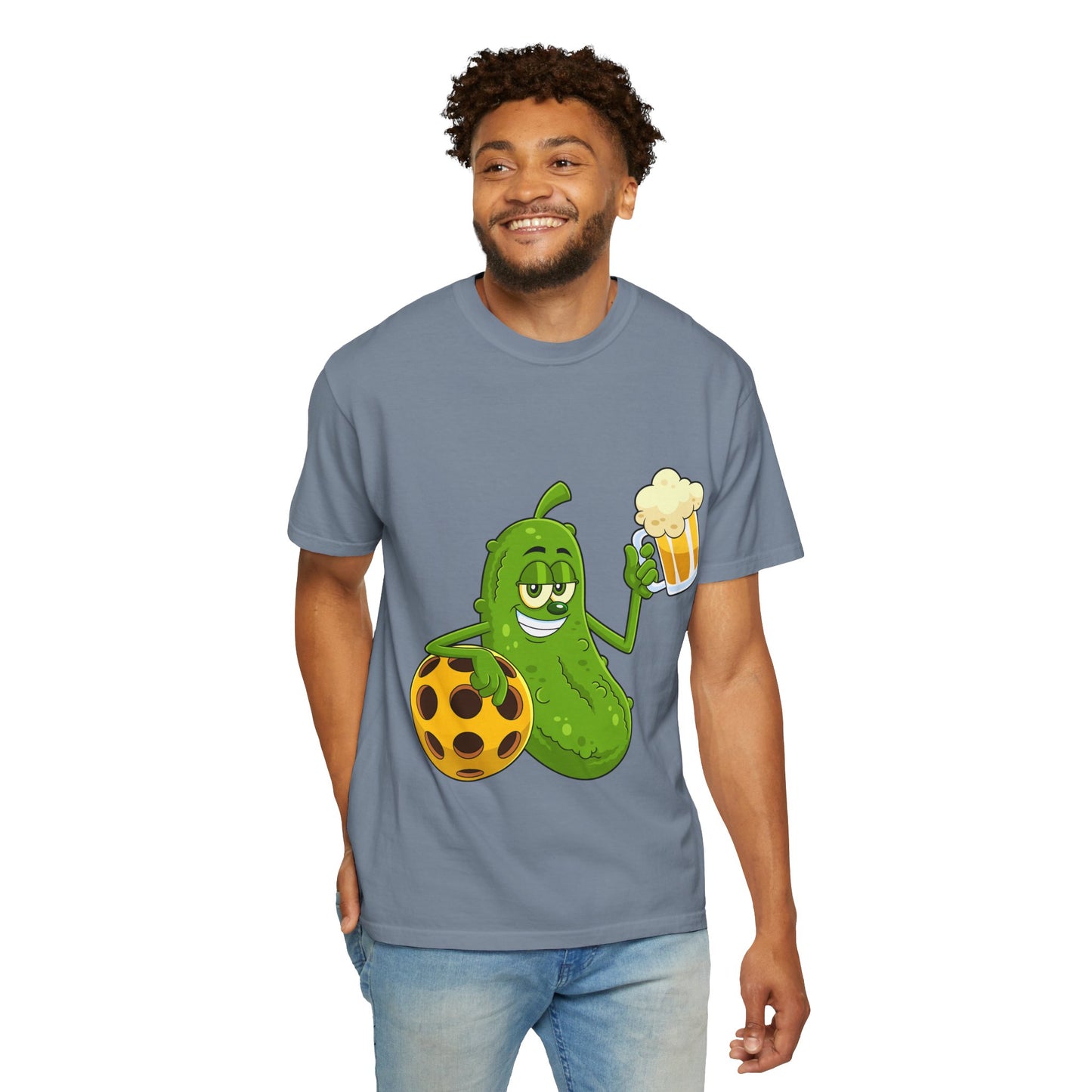 Pickle Holding Beer & Wiffle Ball T-Shirt — Funny Sports Novelty Tee