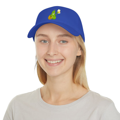 Pickle Mascot Baseball Cap — Funny Pickle Holding Beer & Soccer Ball Low Profile Hat
