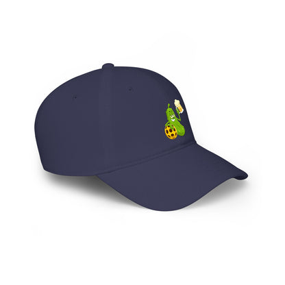 Pickle Mascot Baseball Cap — Funny Pickle Holding Beer & Soccer Ball Low Profile Hat