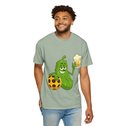 Pickle Holding Beer & Wiffle Ball T-Shirt — Funny Sports Novelty Tee