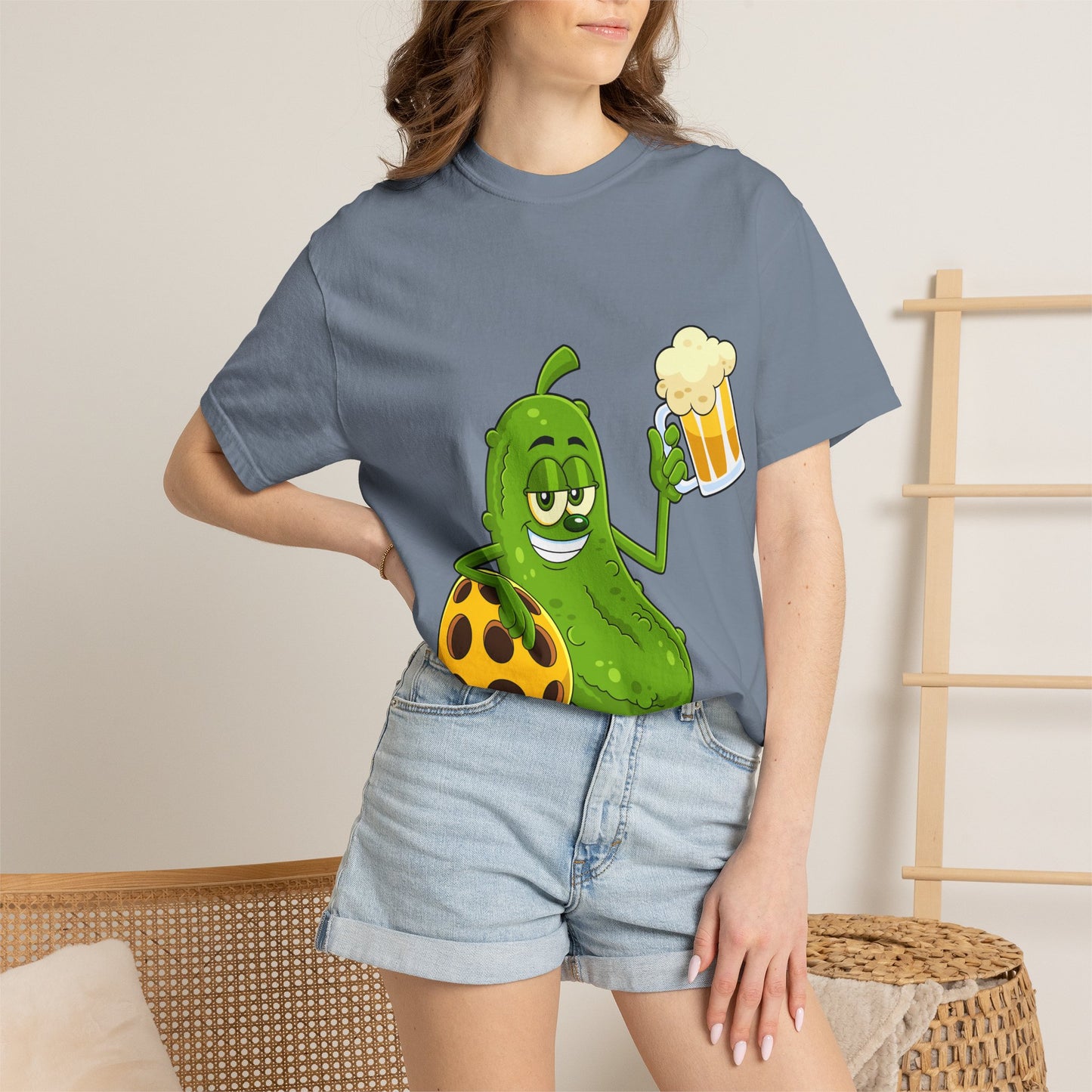 Pickle Holding Beer & Wiffle Ball T-Shirt — Funny Sports Novelty Tee