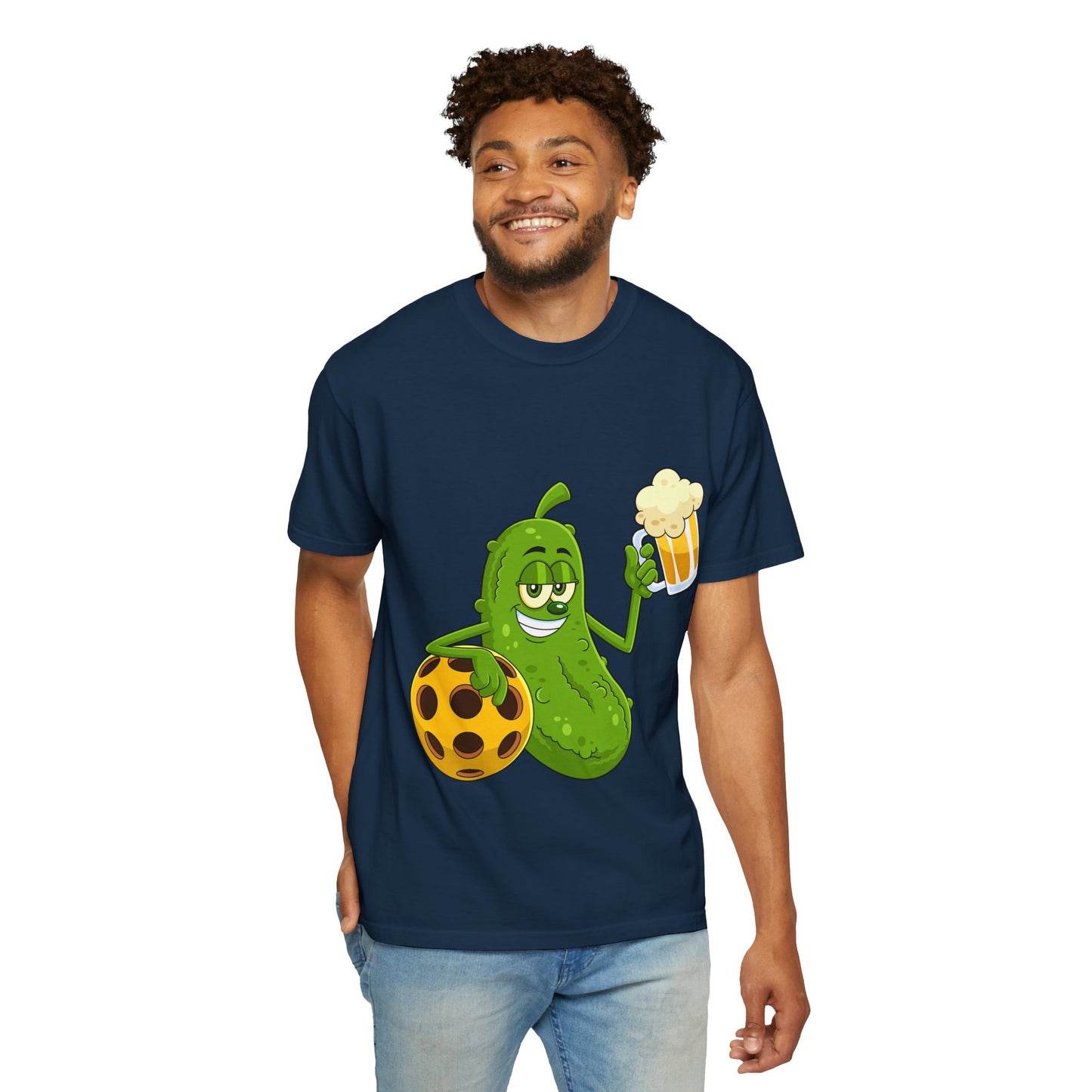 Pickle Holding Beer & Wiffle Ball T-Shirt — Funny Sports Novelty Tee