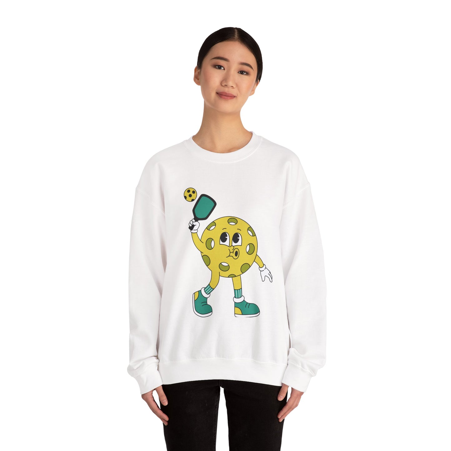 Pickleball Character Crewneck Sweatshirt — Cute Retro Pickleball Paddle Mascot