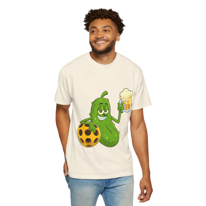 Pickle Holding Beer & Wiffle Ball T-Shirt — Funny Sports Novelty Tee