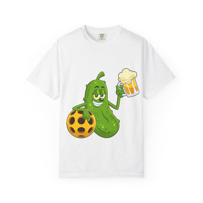 Pickle Holding Beer & Wiffle Ball T-Shirt — Funny Sports Novelty Tee