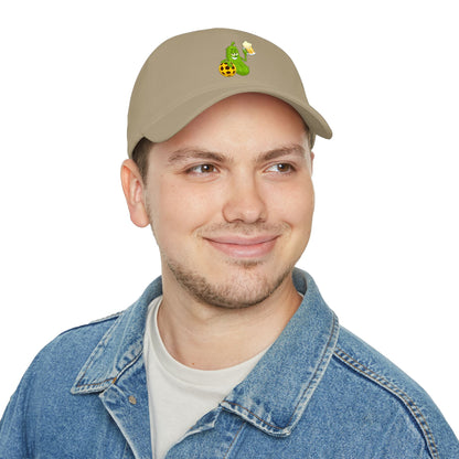 Pickle Mascot Baseball Cap — Funny Pickle Holding Beer & Soccer Ball Low Profile Hat