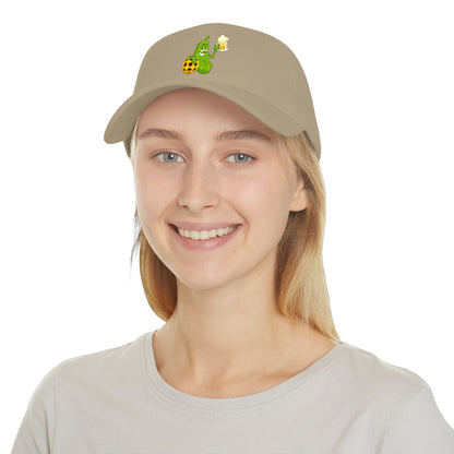 Pickle Mascot Baseball Cap — Funny Pickle Holding Beer & Soccer Ball Low Profile Hat