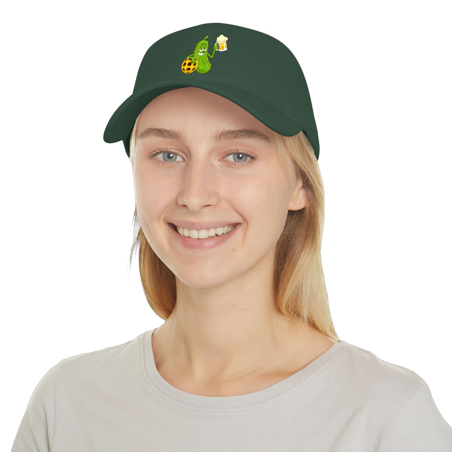 Pickle Mascot Baseball Cap — Funny Pickle Holding Beer & Soccer Ball Low Profile Hat