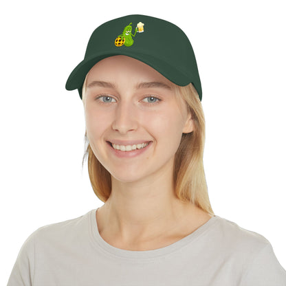 Pickle Mascot Baseball Cap — Funny Pickle Holding Beer & Soccer Ball Low Profile Hat