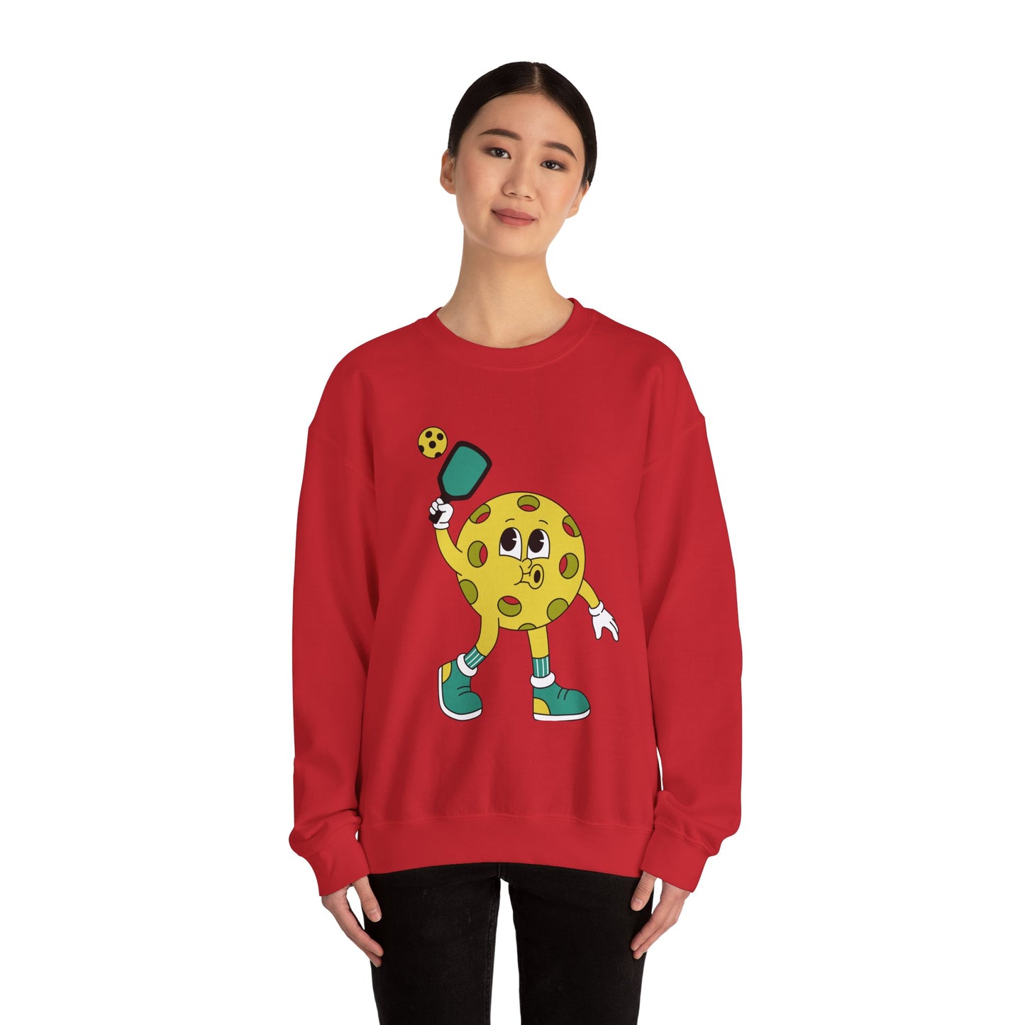 Pickleball Character Crewneck Sweatshirt — Cute Retro Pickleball Paddle Mascot