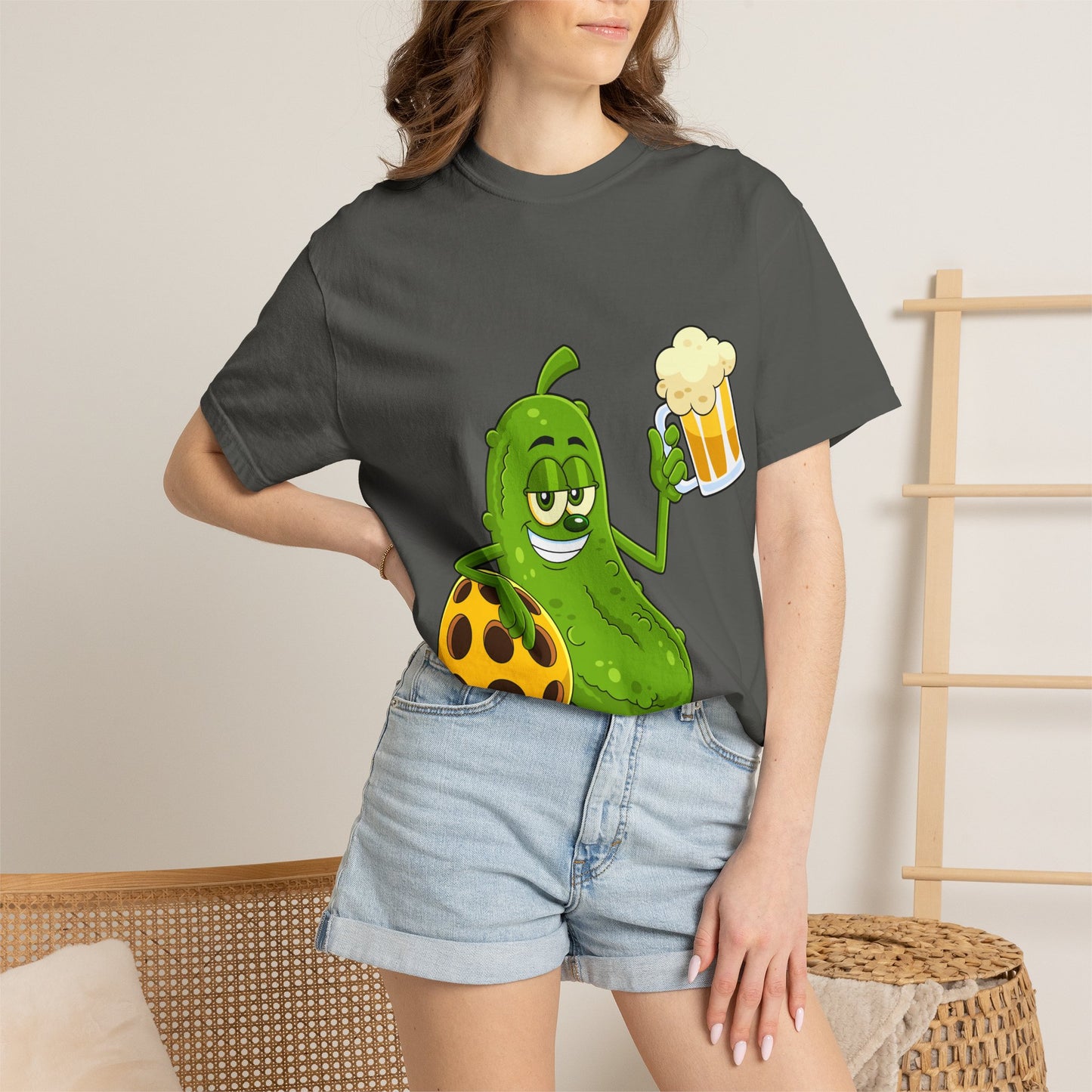 Pickle Holding Beer & Wiffle Ball T-Shirt — Funny Sports Novelty Tee