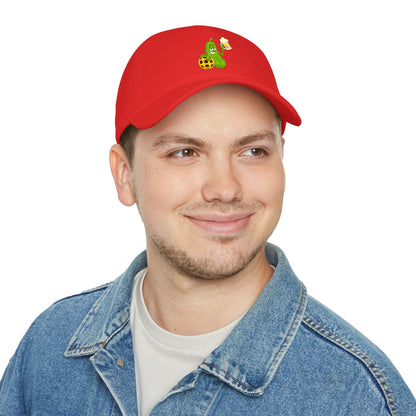 Pickle Mascot Baseball Cap — Funny Pickle Holding Beer & Soccer Ball Low Profile Hat
