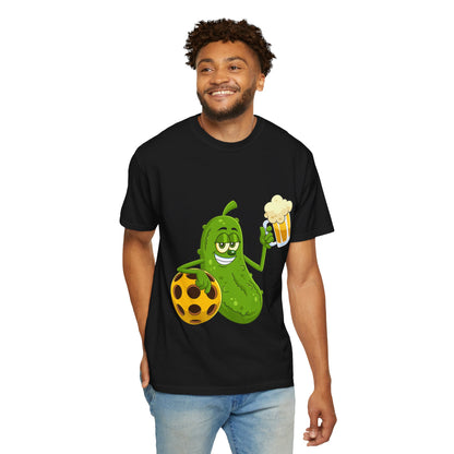 Pickle Holding Beer & Wiffle Ball T-Shirt — Funny Sports Novelty Tee