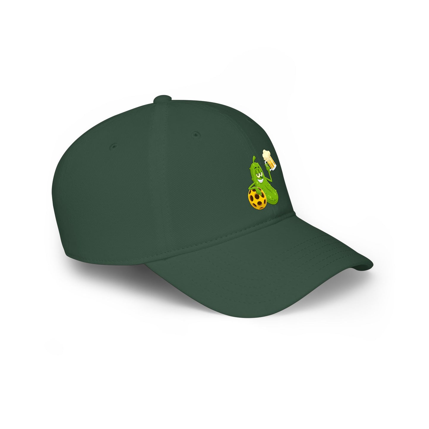 Pickle Mascot Baseball Cap — Funny Pickle Holding Beer & Soccer Ball Low Profile Hat