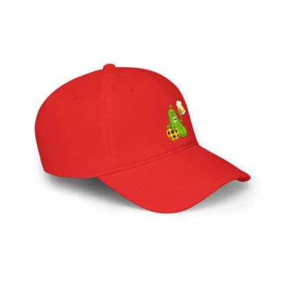 Pickle Mascot Baseball Cap — Funny Pickle Holding Beer & Soccer Ball Low Profile Hat