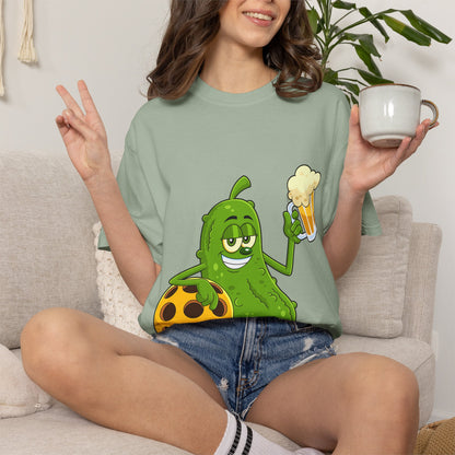 Pickle Holding Beer & Wiffle Ball T-Shirt — Funny Sports Novelty Tee