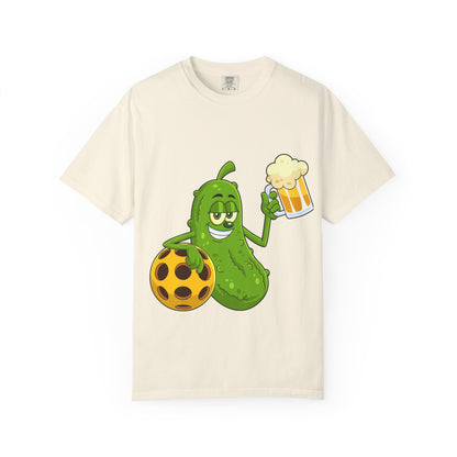 Pickle Holding Beer & Wiffle Ball T-Shirt — Funny Sports Novelty Tee