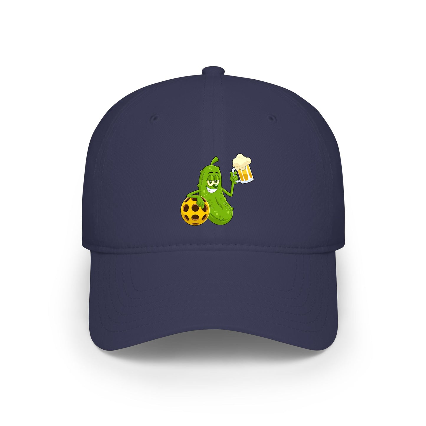Pickle Mascot Baseball Cap — Funny Pickle Holding Beer & Soccer Ball Low Profile Hat