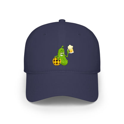 Pickle Mascot Baseball Cap — Funny Pickle Holding Beer & Soccer Ball Low Profile Hat