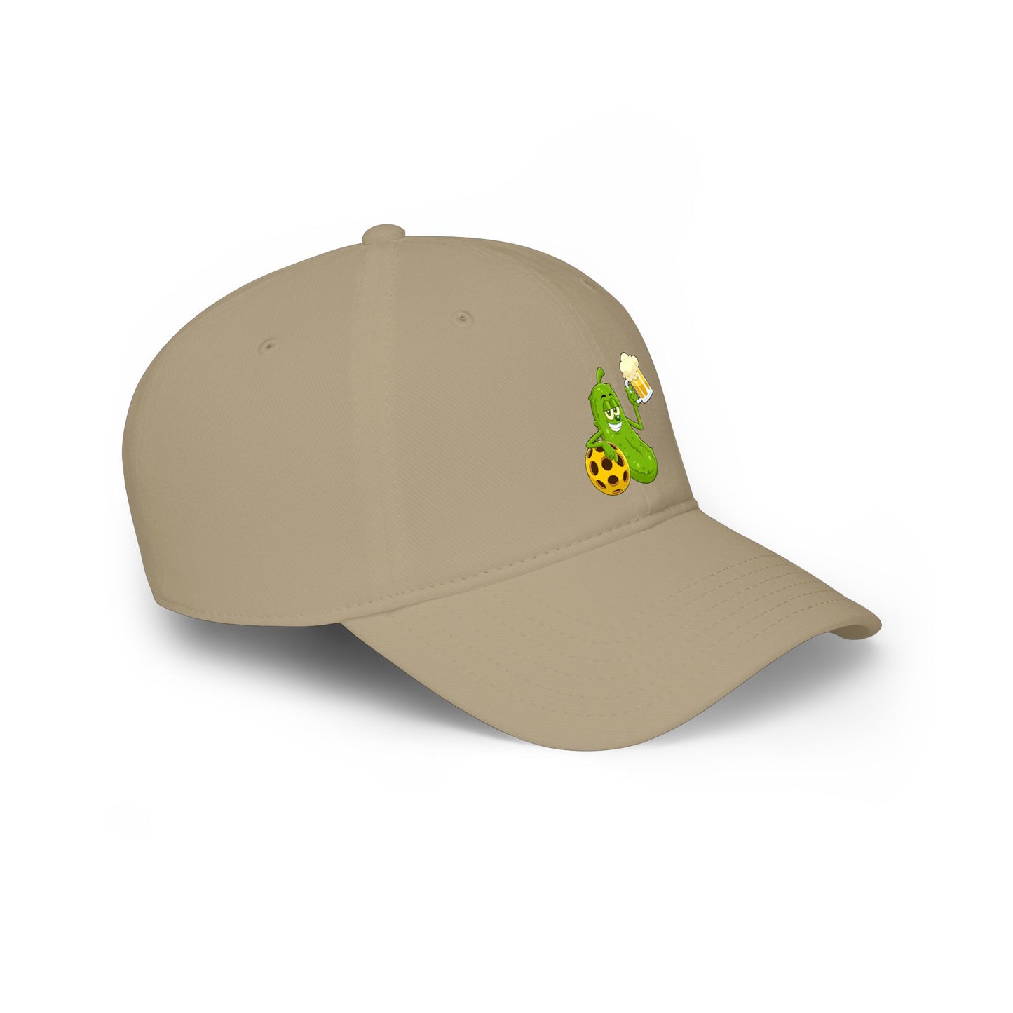 Pickle Mascot Baseball Cap — Funny Pickle Holding Beer & Soccer Ball Low Profile Hat