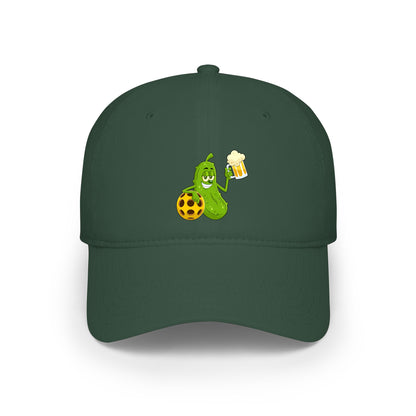 Pickle Mascot Baseball Cap — Funny Pickle Holding Beer & Soccer Ball Low Profile Hat